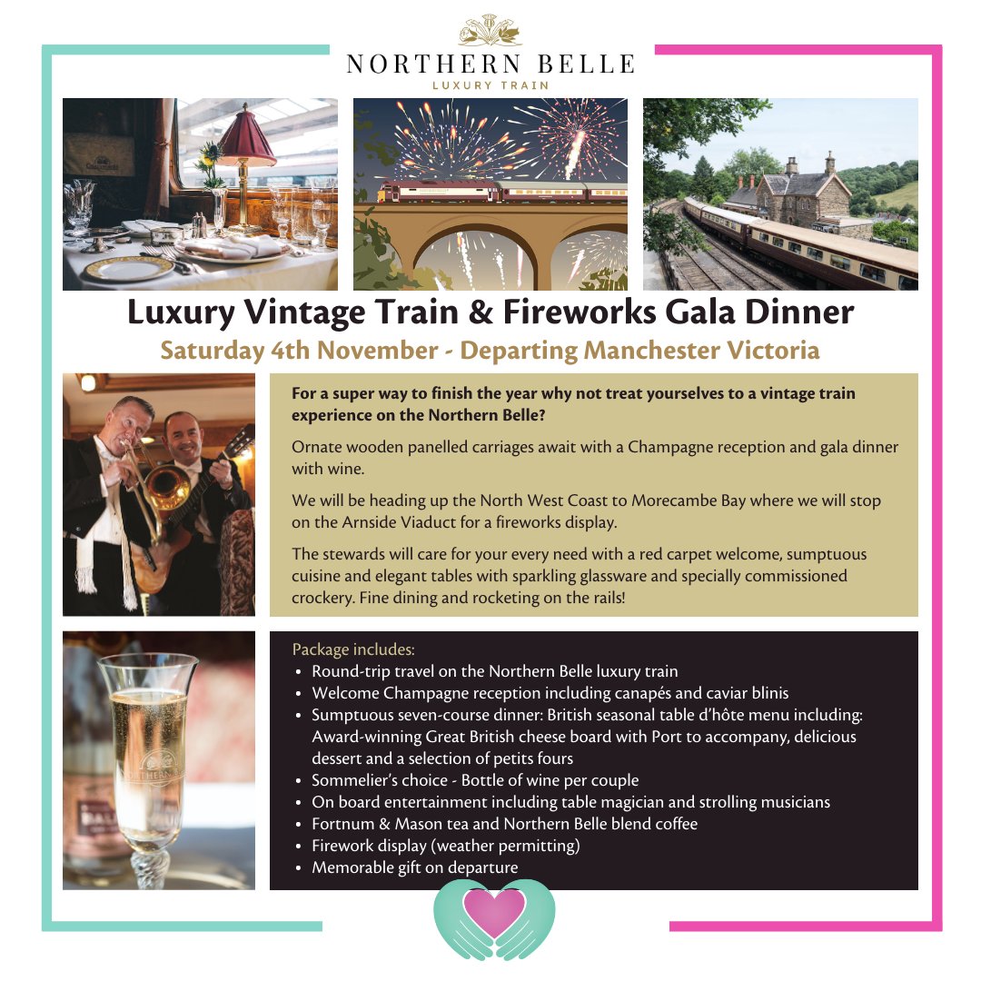 KershawsHospice's tweet photo. 🚂 Luxury Vintage Train Experience! 
🔴 Red carpet welcome 
🥂 Champagne reception
🍽️ Seven-course dinner
🍷 Bottle of wine
🎺 Onboard entertainment
🎆 Firework display 

Tickets: £395, with a percentage of each sale going to our Hospice.

https://t.co/Lzx3AOAr0f

#OldhamHour https://t.co/pLFBENtD0k