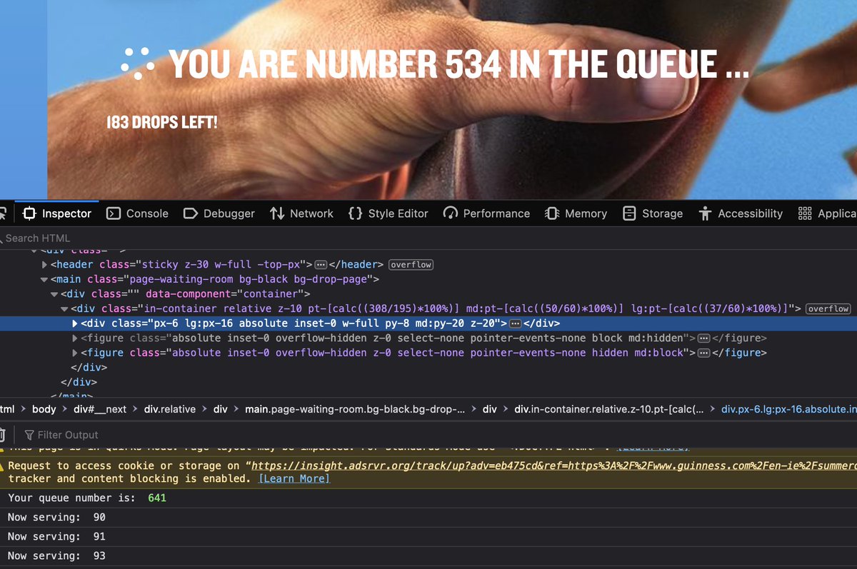 Balky79's tweet photo. Some random Javascript at @GuinnessIreland - 50 people dropped in queue, 95 drops delivered, number on screen says one, in "code" says something else ... https://t.co/joCOp48jJS