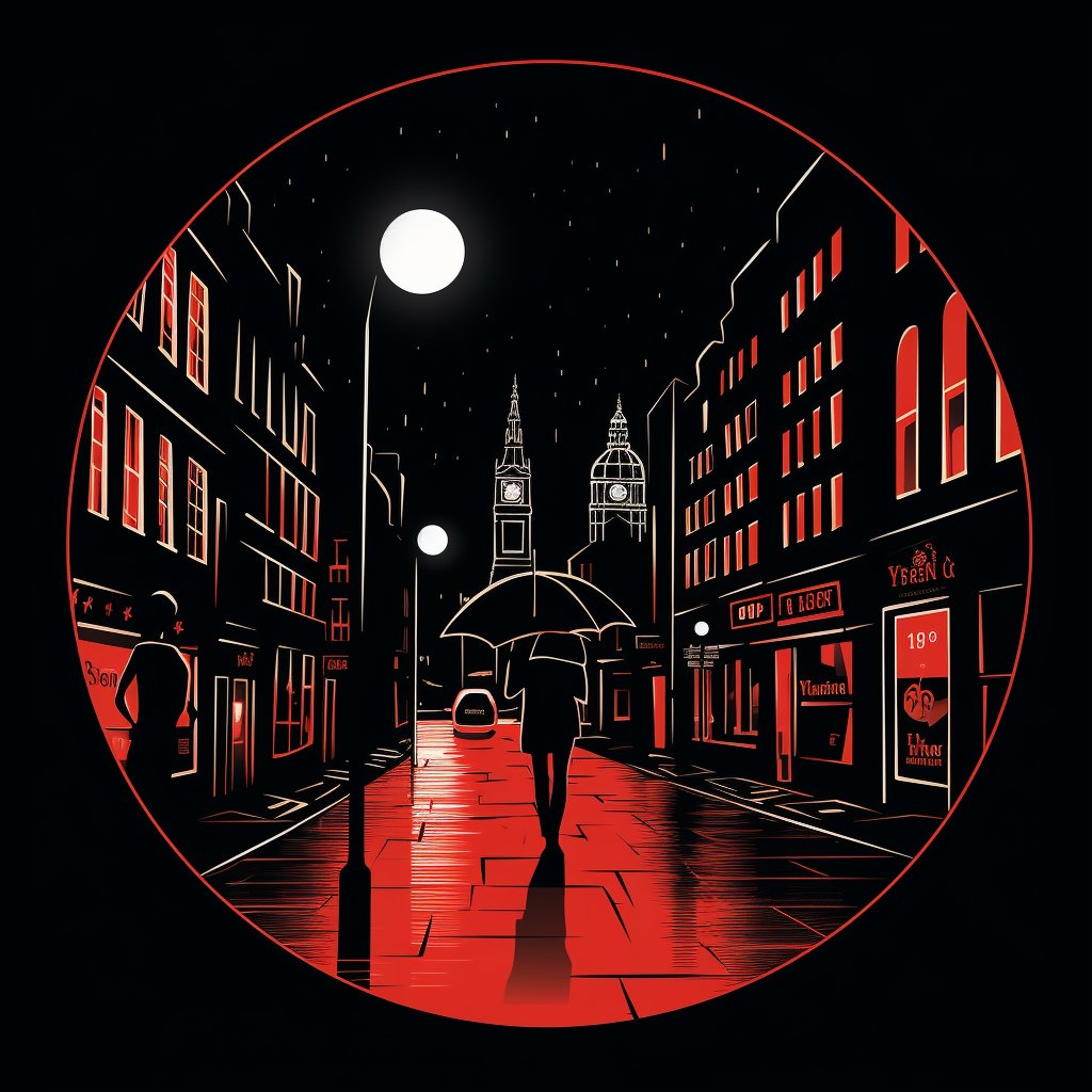 icon, logo, minimalist, busy street in London , black background