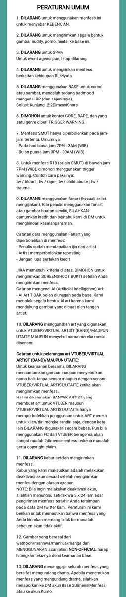 ㅤ
( Selamat malam. Dengan ini, saya menyatakan bahwa saya telah membaca dan memahami peraturan yang berlaku pada tata cara pengiriman menfess di <a href="/2DimensiMenfess/">KIRIM MENFESS MELALUI LINK DI CARRD!</a>. Untuk prosesnya sendiri, pengguna masuk ke dalam website yang sudah ditentukan, lalu memilih base yang sesuai. )
ㅤ