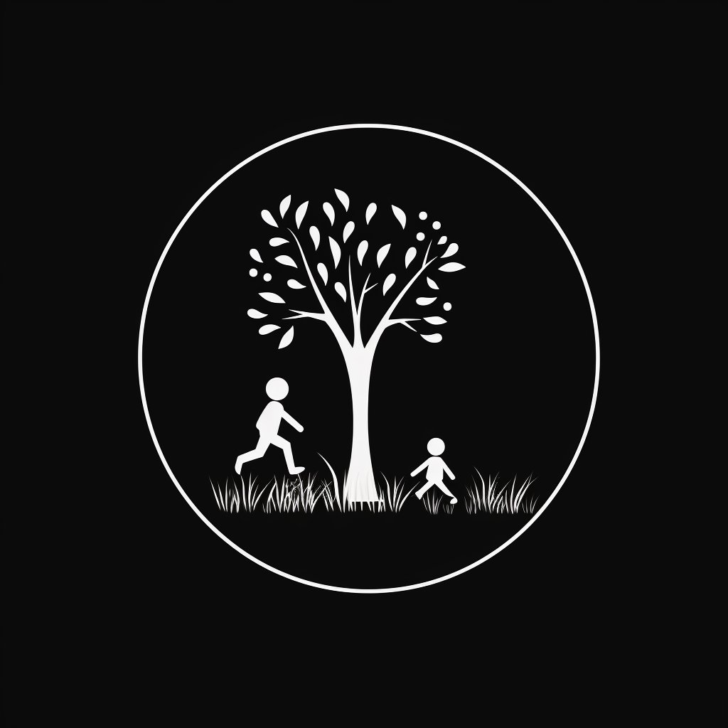 icon, logo, minimalist, children playing in the park, circular pattern, black background