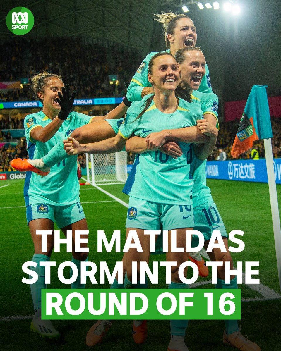 abcsport's tweet photo. 🇦🇺⚽ What a night! Our Matildas are through to the Round of 16!

The Matildas have thrashed Canada 4 - 0 on the back of two goals from Hayley Raso, one from Mary Fowler and one from Stephanie Catley. https://t.co/aRmtOOS8jL
