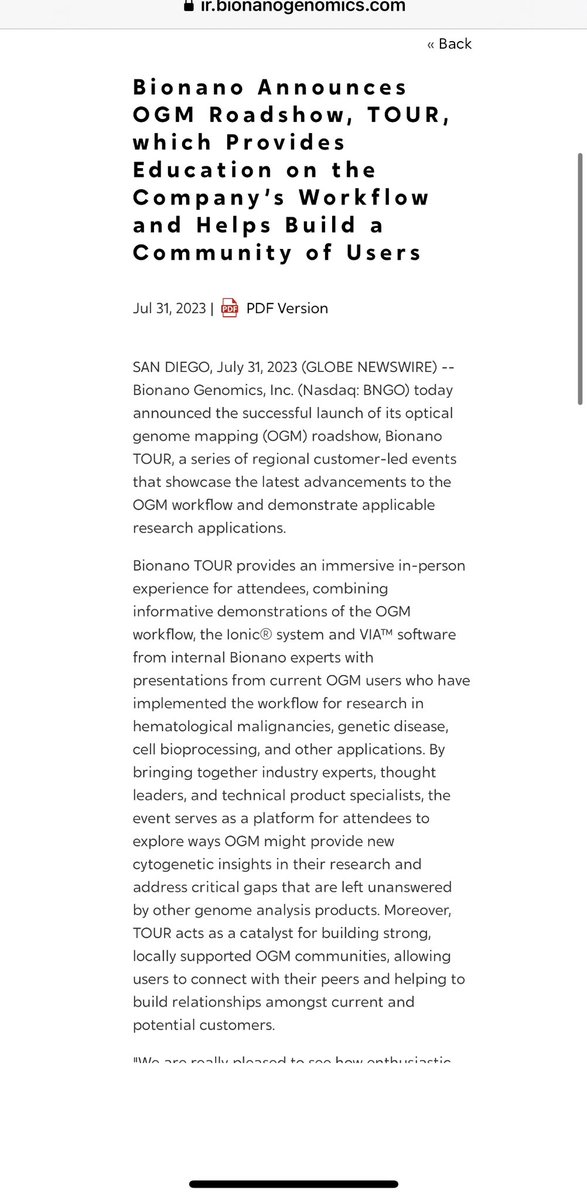 ciscojmd's tweet photo. $BNGO 📣🔥PR NEWS DROP: Bionano Announces OGM Roadshow, TOUR, which Provides Education on the Company’s Workflow and Helps Build a Community of Users 👏🏻👏🏻Cash Burn… #BNGO #Bionano #SaveLivesNotPockets 🔥💸
SAN DIEGO, July 31, 2023 (GLOBE NEWSWIRE) -- Bionano Genomics, Inc. (Nasdaq: BNGO) today announced the successful launch of its optical genome mapping (OGM) roadshow, Bionano TOUR, a series of regional customer-led events that showcase the latest advancements to the OGM workflow and demonstrate applicable research applications.
https://t.co/5ei4qQo1Fj
