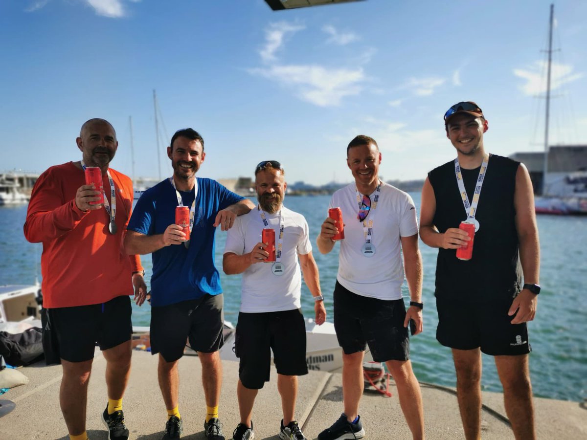 IanMillner's tweet photo. We got into Barca 🇪🇸 Friday 12pm &amp; been processing it all since 🤯 400km rowed by ocean boat.. saw dolphins, had a near miss w/ container ship &amp; wild headwinds added 60km &amp; 2 days to the journey. Raised £33.921 for @NOMANCampaign 🚣‍♀️🏅 Nuts. Highly recommend, life affirming stuff. https://t.co/iRlUzWEB88