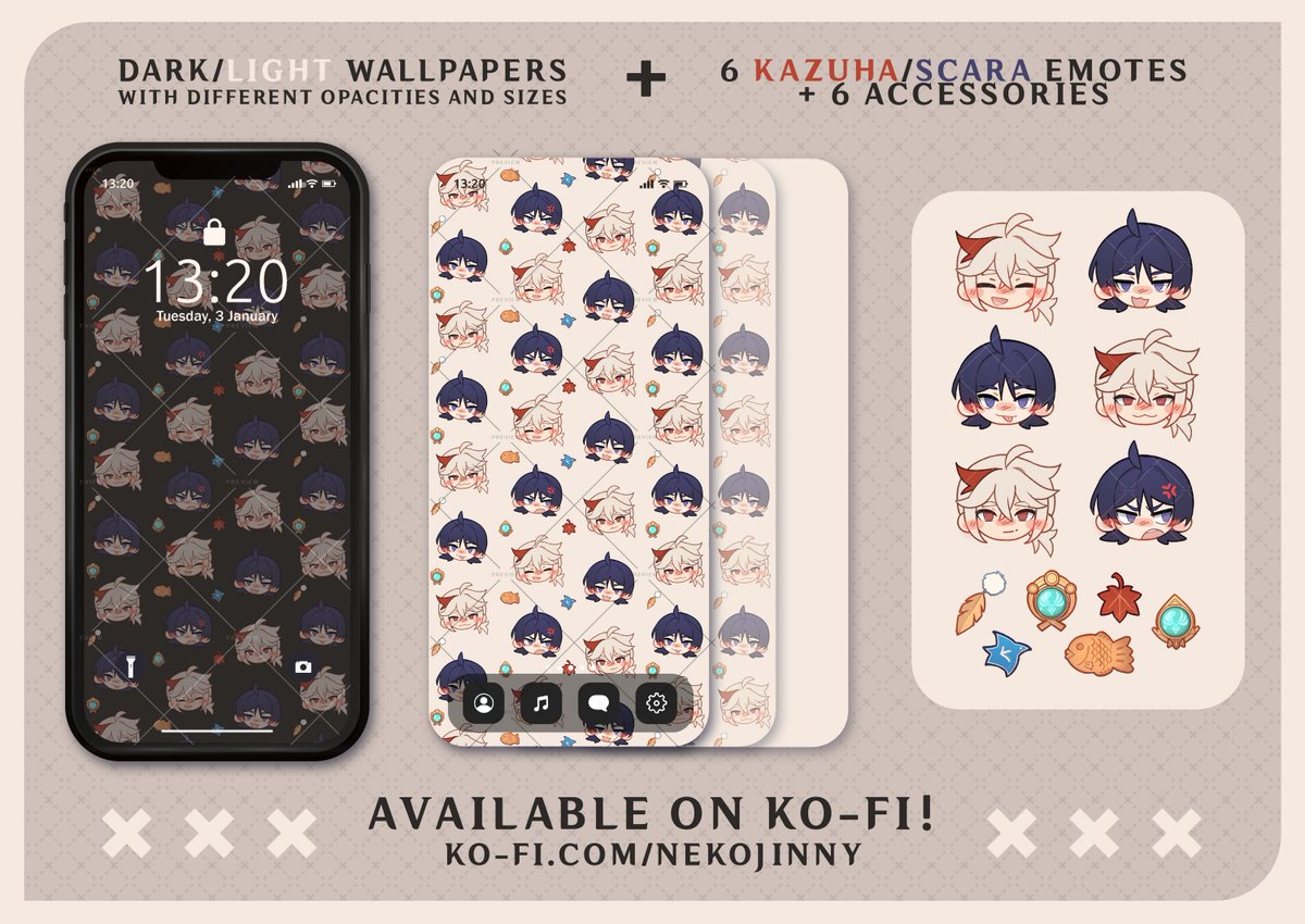 I made a Kazuha x Scaramouche wallpaper + emote pack that you can find on my ko-fi :3
Hope you like it!
ko-fi.com/s/0a3812ccee

#GenshinImpact #Kazuha #scaramouche #kazuscara