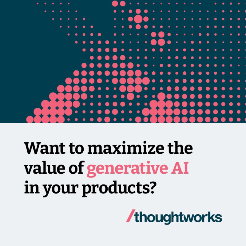 thoughtworks's tweet photo. 📢 Thoughtworks launches #GenerativeAI product accelerator.
 
It will enable business and product leaders to make strategic decisions on integrating #GenAI into their business product applications.
 
Find out more: https://t.co/U3V8imk7zZ