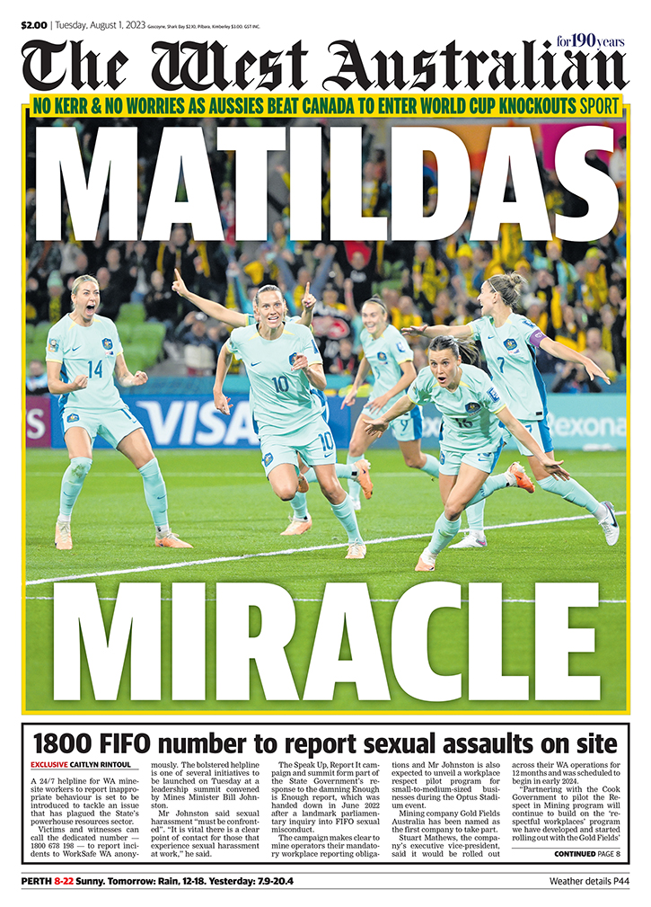 westaustralian's tweet photo. The front page of Tuesday's The West Australian. https://t.co/kJf7rMSFjg