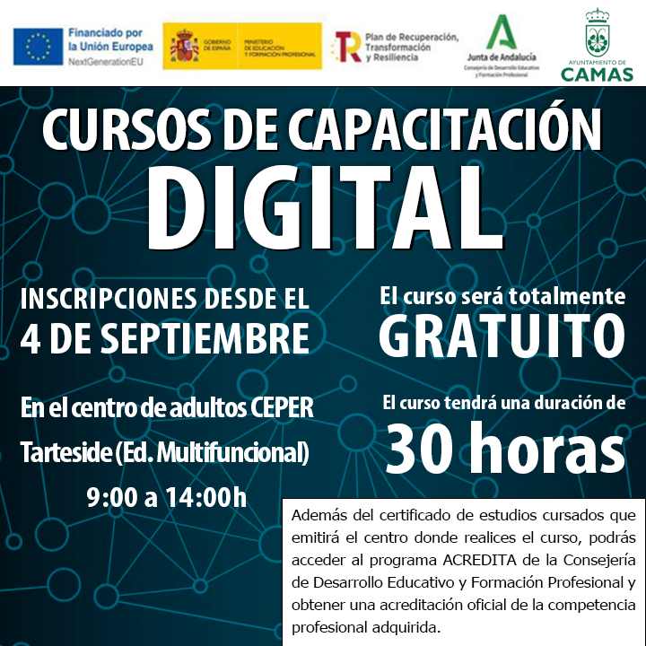AyuntaCamas's tweet photo. 📌𝗖𝗨𝗥𝗦𝗢𝗦 𝗗𝗘 𝗖𝗔𝗣𝗔𝗖𝗜𝗧𝗔𝗖𝗜Ó𝗡 𝗗𝗜𝗚𝗜𝗧𝗔𝗟
💻Si quieres mejorar tu relación con los entornos  digitales, ¡ahora tienes la oportunidad!

📆Desde el 4 de septiembre podrás inscribirte en el Centro de Adultos CEPER Tarteside📍

➕Info en⬇️
https://t.co/3oedHqWs1n https://t.co/MaLz1pGhcg