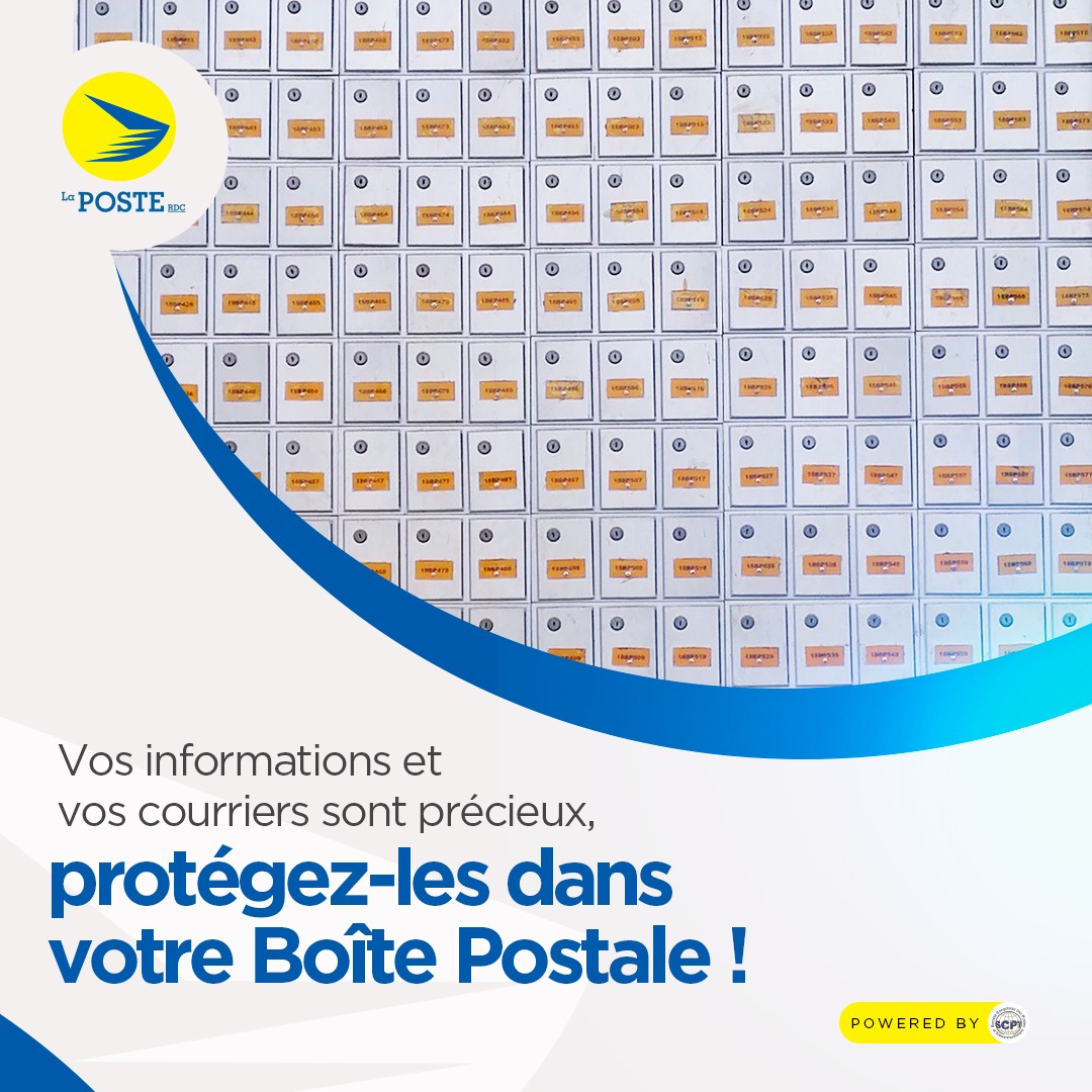 poste_rdc's tweet photo. Vos informations et vos courriers sont précieux, protégez-les dans votre boîte Postale !
.
Besoin d'une boîte Postale ? Rendez-vous dès maintenant à l'hôtel de Poste au 1009, Boulevard du 30 Juin, Kinshasa - Gombe.
#RienNeRemplaceLaPoste #securité #boitepostale #SCPT https://t.co/RbY7ruEBng