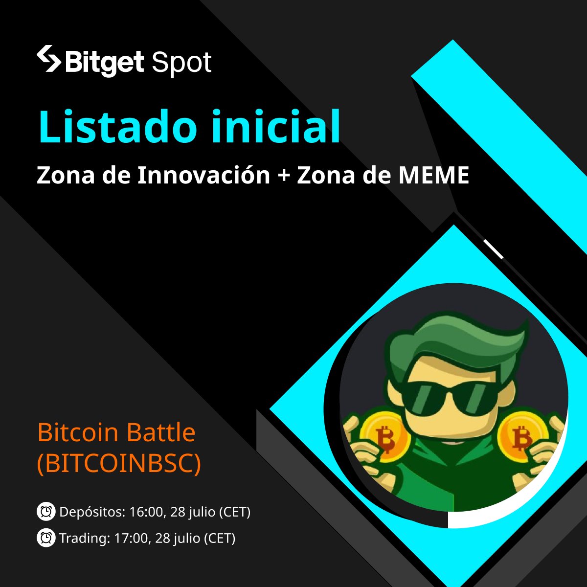 BitgetES's tweet photo. 🆕 Nuevo Listado de Spot
¡#Bitget listará #Bitcoinbattle $BITCOINBSC en la Zona de Innovación + Zona de #MEME!
✅ Depósitos ya abiertos https://t.co/yXsnUXmIWR