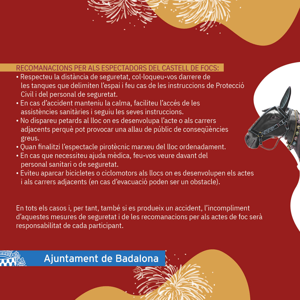 🔥 MESURES DE SEGURETAT I
RECOMANACIONS per als actes de foc, el castell de focs i els actes amb armes d'avantcàrrega #FestaMajor2023! #Badalona 

🔎 Llegeix atentament les mesures de seguretat en aquest tuit o descarrega-les a bit.ly/mesures-segure…!