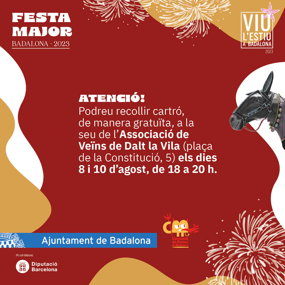 🔥 MESURES DE SEGURETAT I
RECOMANACIONS per a la #FestaMajor2023!

Per als propietaris d'establiments i el veïnat:
➡ Podeu recollir el cartró per a protegir els aparadors de manera gratuïta a la seu de <a href="/avvdaltlavila/">Associació de Veïns de Dalt la Vila</a> els dies 8 i 10 d'agost, de 18 a 20 hores #Badalona