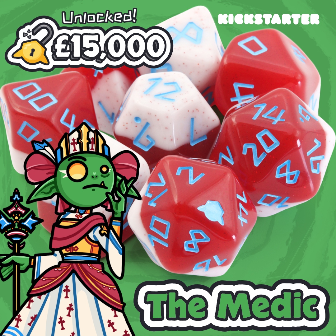 DiceGoblinUK's tweet photo. The Medic has joined the party 🩸 Plus we have squished our stretch goals! The next goal is £16k for The Electromancer ⚡
Campaign 👉 https://t.co/dix1pnU0hi
#dicegobin #dice #dnddice #rpgdice #dnd #kickstarter #dndkickstarter #dicekickstarter #dnd5e https://t.co/EJUIWzcuu6