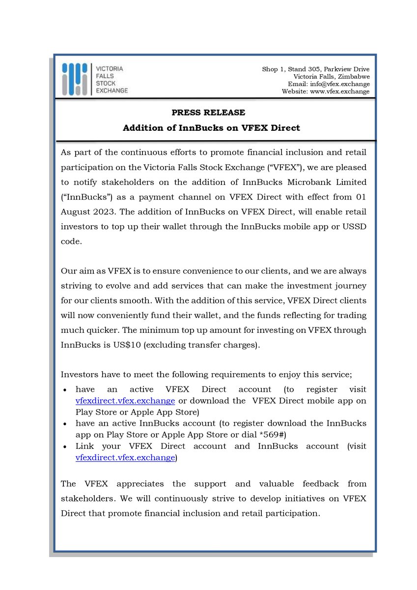 VFEX_ZW's tweet photo. Press Release- Addition of @Inn_Bucks on VFEX Direct https://t.co/LRG9ohNNFl