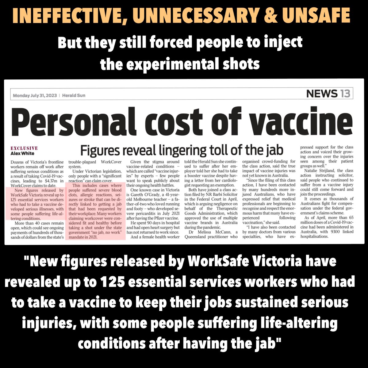 craigkellyAFEE's tweet photo. It’s time for criminal penalties for those that enforced vaccine mandates in the workplace. 

The 125 workers Essential Service Workers severely injured by the experimental shots are just the tip of the iceberg. 

When the science clearly showed that being injected didn’t stop infection nor transmission (it actually increased it) but resulted in so many catastrophic injuries - any CEO what forced injections upon their employees through "vaccine mandate’s" should criminal prosecution.