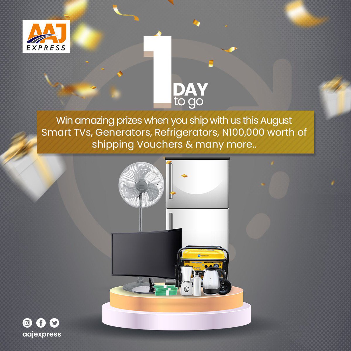 aajexpressng's tweet photo. EVERYONE IS A WINNER TOMORROW and throughout the month of August. is D-Day. Come win amazing prizes as you ship your packages.
#logistics #logisticscompany #logisticscargo #logisticsserveces #Logisticservice #Logisticsinlagos #logisticsinnigeria #fastdelivery #quickdelivery https://t.co/EqWPtoaNXm
