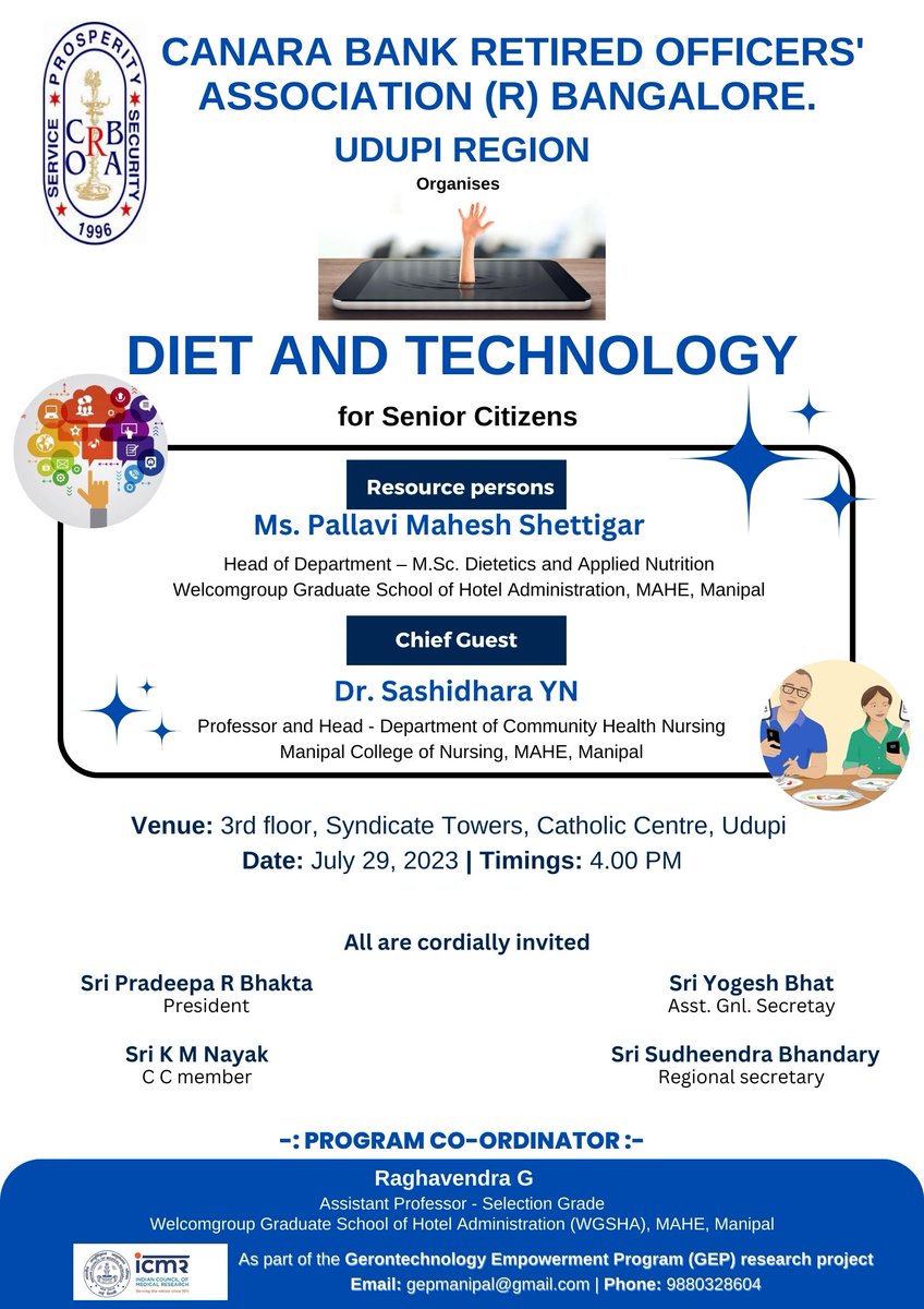 #MythBuster on Diet information in #socialmedia organised at #Udupi Canara Bank Retired Officers Association on 29.07.2023
Thank you @ThiruChef @shashidharaYN Ms. Pallavi M S
#Diet #technology #socialmedia #factcheck
#gep #gerontechnology #elder #seniorcitizens #research #manipal