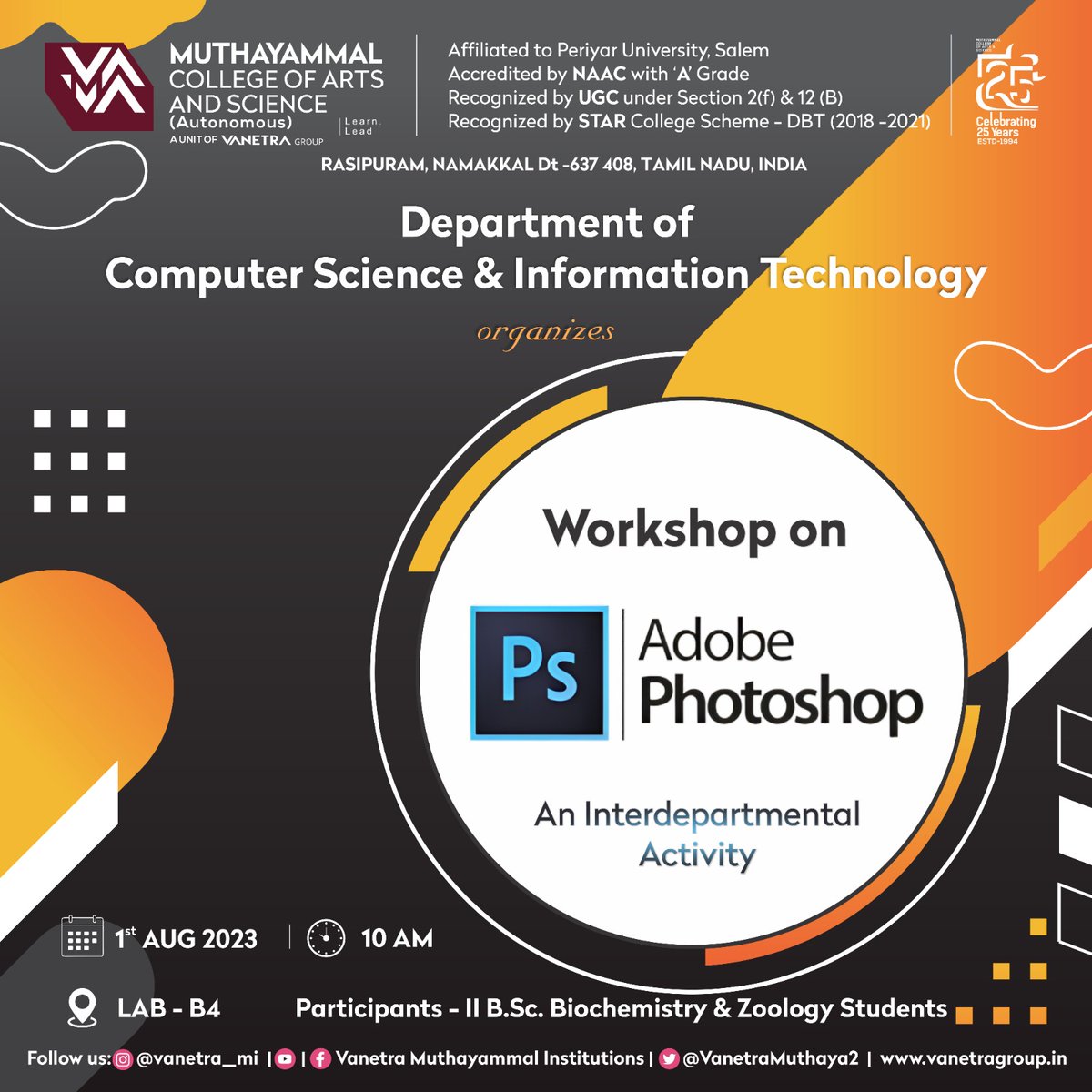 VanetraMuthaya2's tweet photo. Department of Computer Science and Information Technology organizes a Workshop on Adobe Photoshop (An Interdepartmental Activity) 01.08.2023.
#cs #departmentofcs #departmentofit #it #workshop #workshops #photoshop #photoshoptutorial #photoshoptutorial #MCAS https://t.co/WcIfVZvYpM