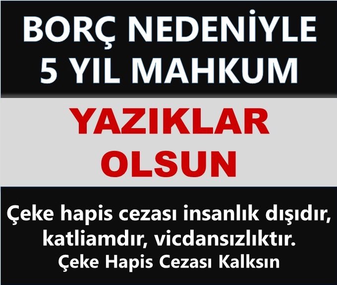 #unutmadım infaz yasası ile DOLANDIRICILAR ,AF EDİLİRKEN tek suçu ödeyemediği çek olan esnafın düzenleme dışında bırakılıp HAPSE MAHKUM EDİLMESİNE  #farkındayım  <a href="/ekremacikel/">Ekrem Açıkel</a>
#ÇEKEHAPİSCEZASIKALKSIN