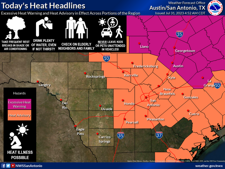 ATCEMS's tweet photo. ***EXCESSIVE HEAT WARNING***
Temps up to 107 w/heat index values up to 110. 

Increased risk for heat-related illness this week for those spending extended time outdoors &amp; not taking precautions. Practice heat safety this week: take breaks if outside, hydrate, check on others. https://t.co/Iz1ZvY0XPj
