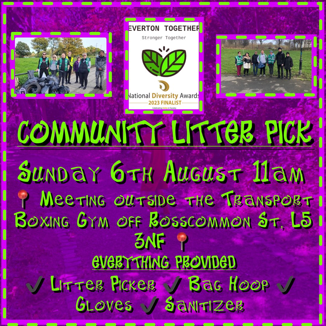Kevin Robinson-Hale (@everton2gether) on Twitter photo Community Litter Pick
Sunday 6th August at 11am
📍Meeting outside Transport Boxing Gym, Roscommon Street, L5 3NF📍
✔️Everything Provided ✔️
Just come along
Open to all
<a href="/FOEP10/">Everton Park Friends</a> <a href="/BeaconCEPrimary/">Beacon CE Primary</a> Community Litter Pick
Sunday 6th August at 11am
📍Meeting outside Transport Boxing Gym, Roscommon Street, L5 3NF📍
✔️Everything Provided ✔️
Just come along
Open to all
<a href="/FOEP10/">Everton Park Friends</a> <a href="/BeaconCEPrimary/">Beacon CE Primary</a>