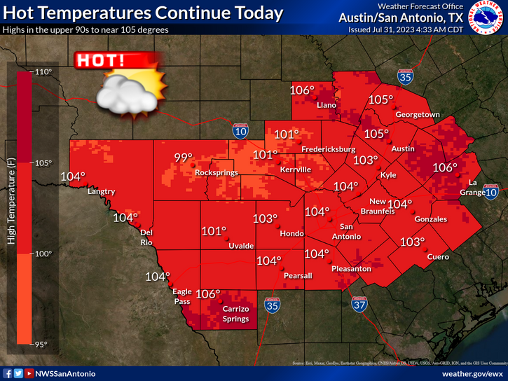 ATCEMS's tweet photo. ***EXCESSIVE HEAT WARNING***
Temps up to 107 w/heat index values up to 110. 

Increased risk for heat-related illness this week for those spending extended time outdoors &amp; not taking precautions. Practice heat safety this week: take breaks if outside, hydrate, check on others. https://t.co/Iz1ZvY0XPj