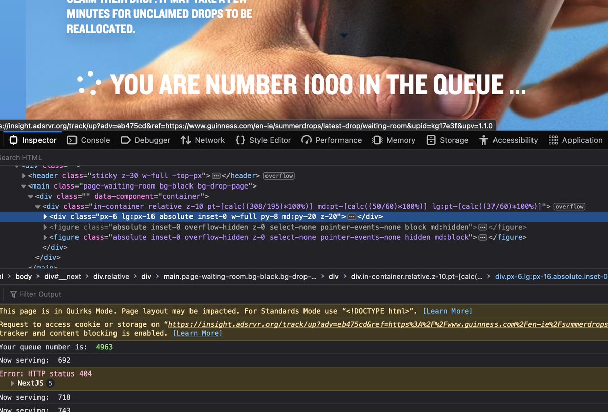 Balky79's tweet photo. And then I waited - was "no 1" in the queue, only to be moved to 1000 - which is apparently 4963 ....
What are you, mining bitcoins on people's computers? @GuinnessIreland ?

Fake promotion ... https://t.co/qnNW4QVLtX