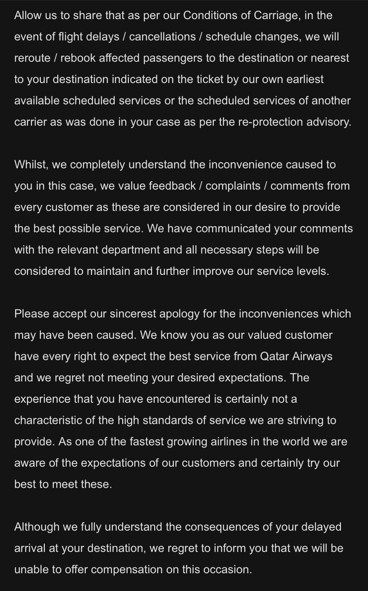 Unbelievable @qrsupport @qatarairways Rude staff, missed flights due to delays, double booking plane seats, splitting myself and my partner up on a 12 hour flight because of their error after we paid extra for seats together and then 0 compensation offered. Will never use again.