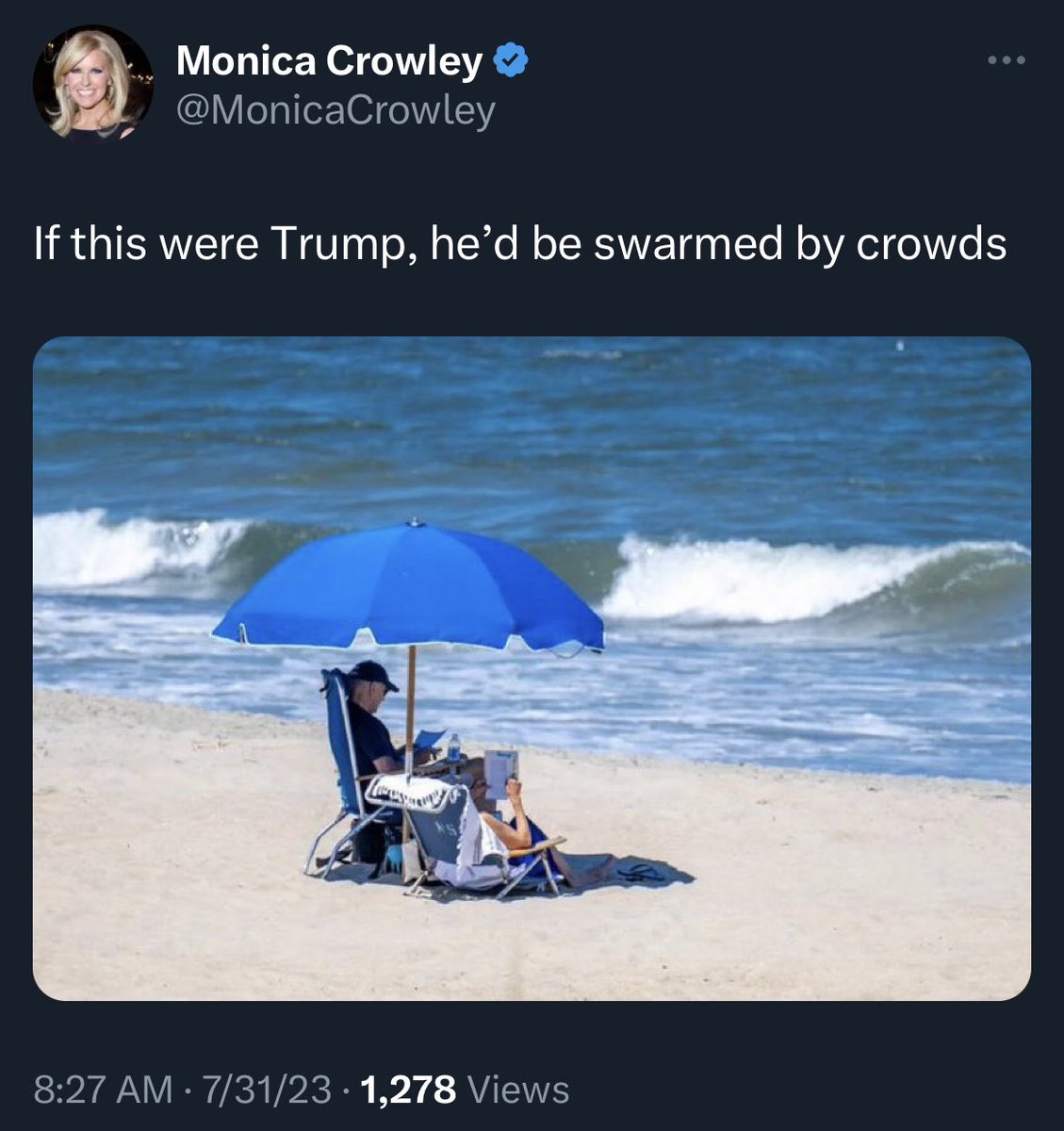 RonFilipkowski's tweet photo. Except that Trump would not:

1. Go to the beach
2. Read work papers there
3. Take his shirt off
4. Go swimming https://t.co/BPnejmpYcZ