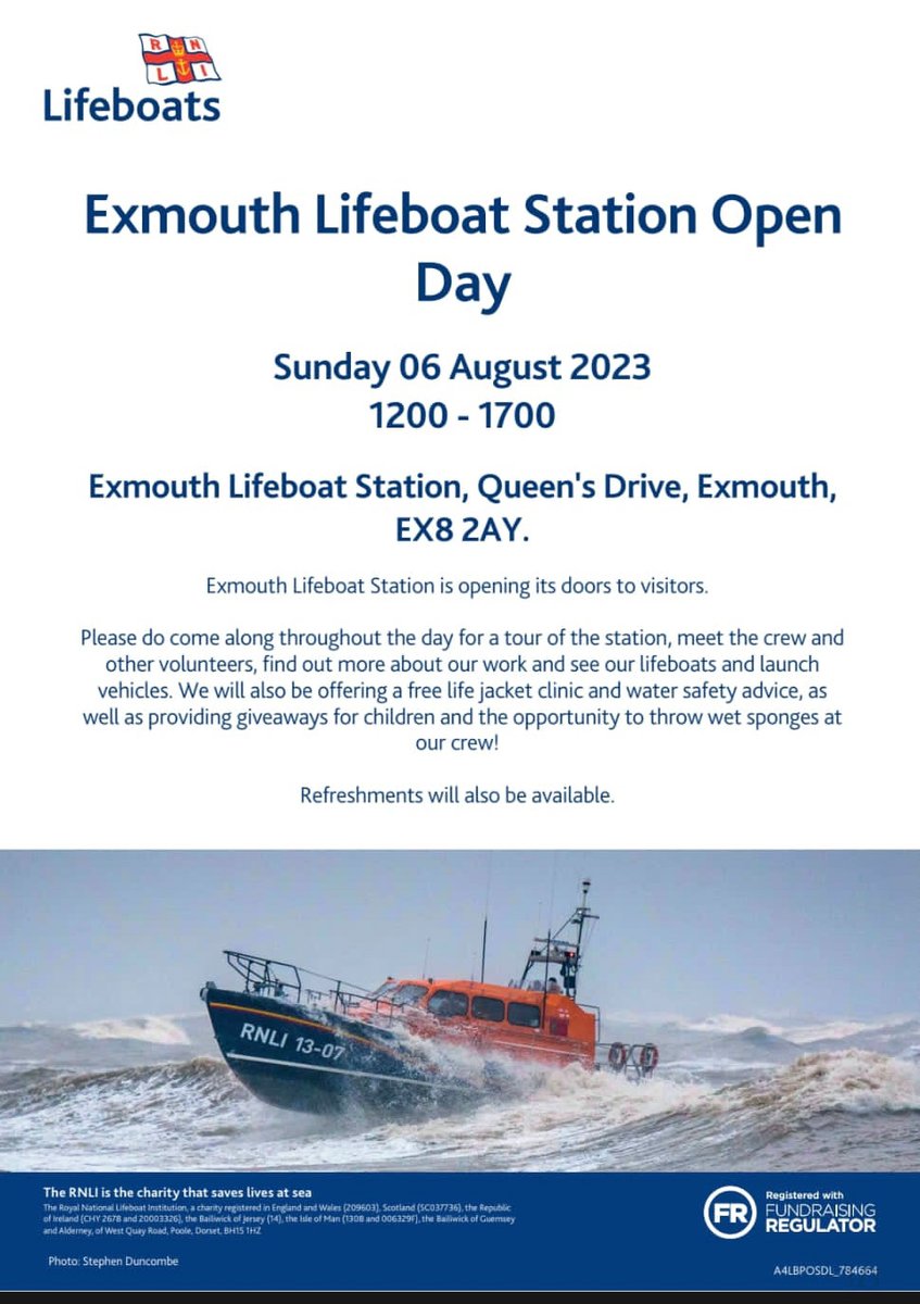 ExmouthRNLIFund's tweet photo. Between 12 noon and 5pm this on Sunday 6th August 2023, all are very welcome to visit the Exmouth RNLI Open Day 2023 at the lifeboat station.
#rnli #exmouth #openday #fundaysout #events2023 https://t.co/xpp1Zqof8Q