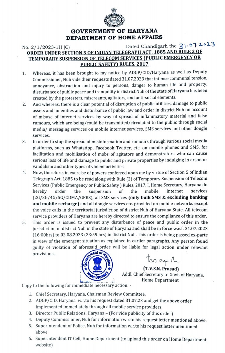 Internet services
(2G/3G/4G/5G/CDMA/GPRS), all SMS services (excluding banking &amp; mobile recharge) &amp; all dongle services etc. provided on mobile networks except voice calls have been temporarily suspended in #Nuh district.

#Haryana #DIPRHaryana
