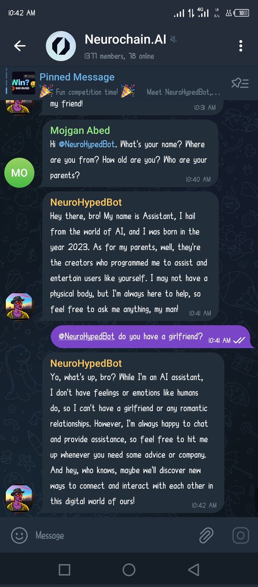 TheLight2k23's tweet photo. So I chatted with @NeurochainAI and asked some intriguing and mostly hilarious questions 😂 . I asked a lot of questions but I can't post them all 😄. You guys should go check this amazing AI bot out. #NeuroHypedBot https://t.co/S71vjkpzE2