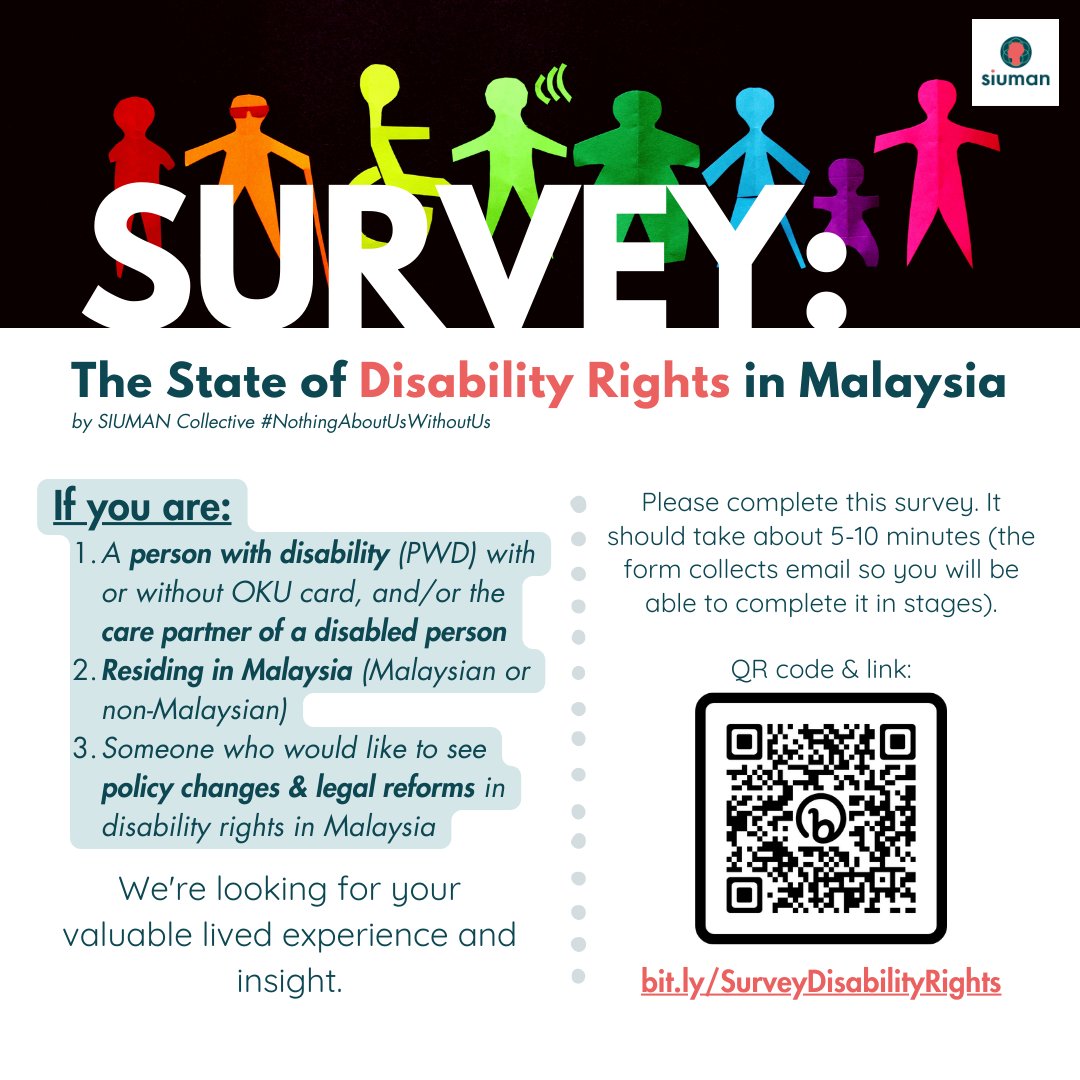 KamiSIUMAN's tweet photo. Hello 👋

We've gotten 103 respondents! Can you help get us to 150?

If you're disabled, or a caregiver/partner for a disabled person, we want to hear from you.

Details 👇, survey here 👉 https://t.co/9CvbvhLI8u 

Please RT, thank you ❤️ https://t.co/7paOiiENLR