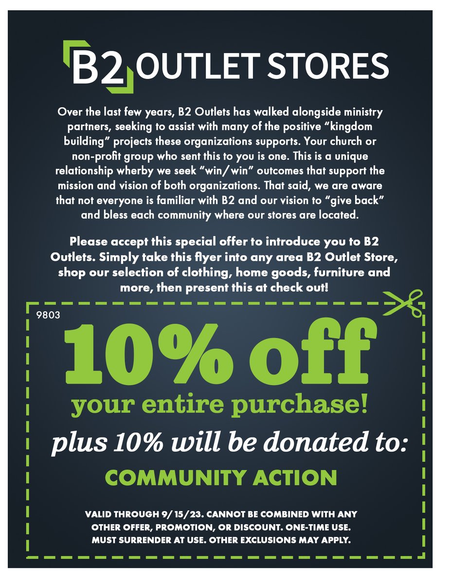 tweetcaascm's tweet photo. Receive 10% off your purchase at B2 Outlet Stores and 10% of your purchase will be donated to Community Action! ❤ This is the perfect time to start back-to-school shopping and give back!  📚✂️✏️

Coupon is valid NOW through September 15th 2023! https://t.co/SPRLVw6da6