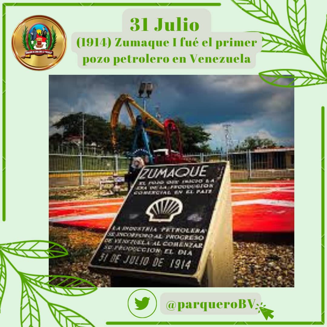 Un día cómo hoy el Zumaque 1 o MG-1 fue el primer pozo productor de petróleo en nuestro territorio. Inicio el #31Jul de 1914 hoy se conmemora 109 años de ese día.