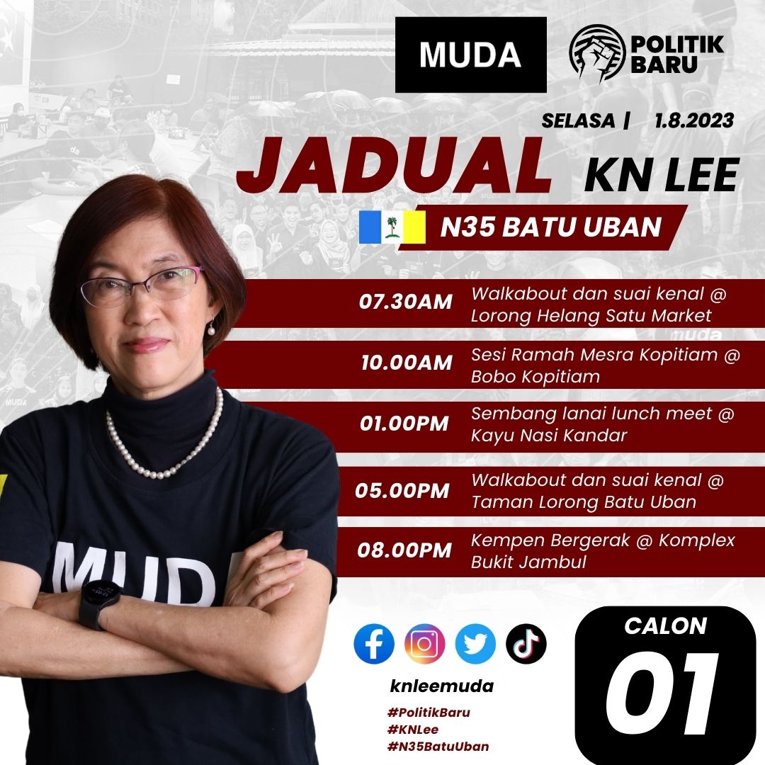 KNLeeMUDA's tweet photo. Join me for my campaign tomorrow. Catch me if you can.
Sertai saya dalam kempen saya besok. Inilah jadual harian saya.

#PolitikBaru #Knlee #N35BatuUban #UntukNegeriKita https://t.co/bWVJEuaMhI