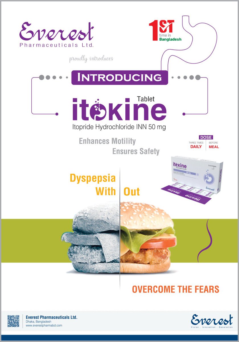 mwmrahman's tweet photo. 1st time in Bangladesh
Everest Pharma 
Introduces 
Itokine 50 mg Tablet
(A brand of Itopride Hydrochloride)

Ensures Motility | Ensures Safety https://t.co/ikxnsTUHFO