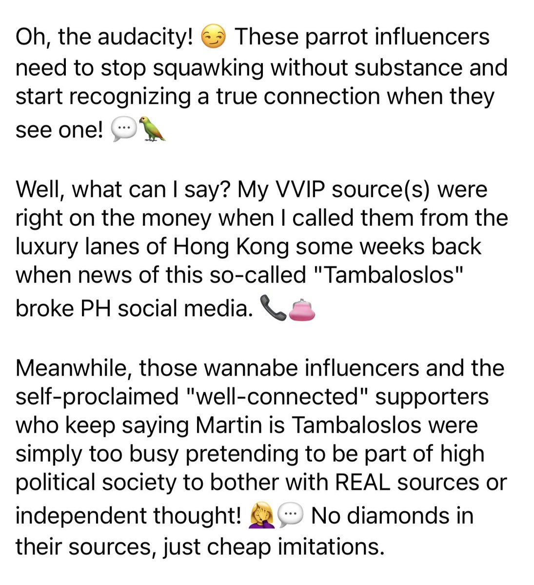 PolitiquePH's tweet photo. Darlings, sharing with you my latest post on Facebook on exposing the faux claims of the Parrot Influencers who kept moaning Martin is Tambaloslos! 👗👔
https://t.co/umI1L3Qf9M
#FauxClaimsoftheParrots #ExposingtheTruth #FriendshipGoals #NotForShow #MRisnotTambaloslos https://t.co/ieyt669VWr