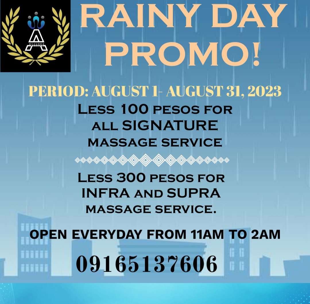 AZZURROMASSAGE's tweet photo. RAINY DAY PROMO IS EXTENDED UP TO AUGUST 31, 2023!

ADDITIONAL PROMO FOR INFRA/SUPRA MASSAGE
LESS 300 FOR INFRA/SUPRA SERVICES.
#INFRASUPRAMASSAGE
#AZZURROMASSAGE
#HOMEHOTELSERVICE

CONTACT US: 09165137606 https://t.co/I7kuPvC8K6