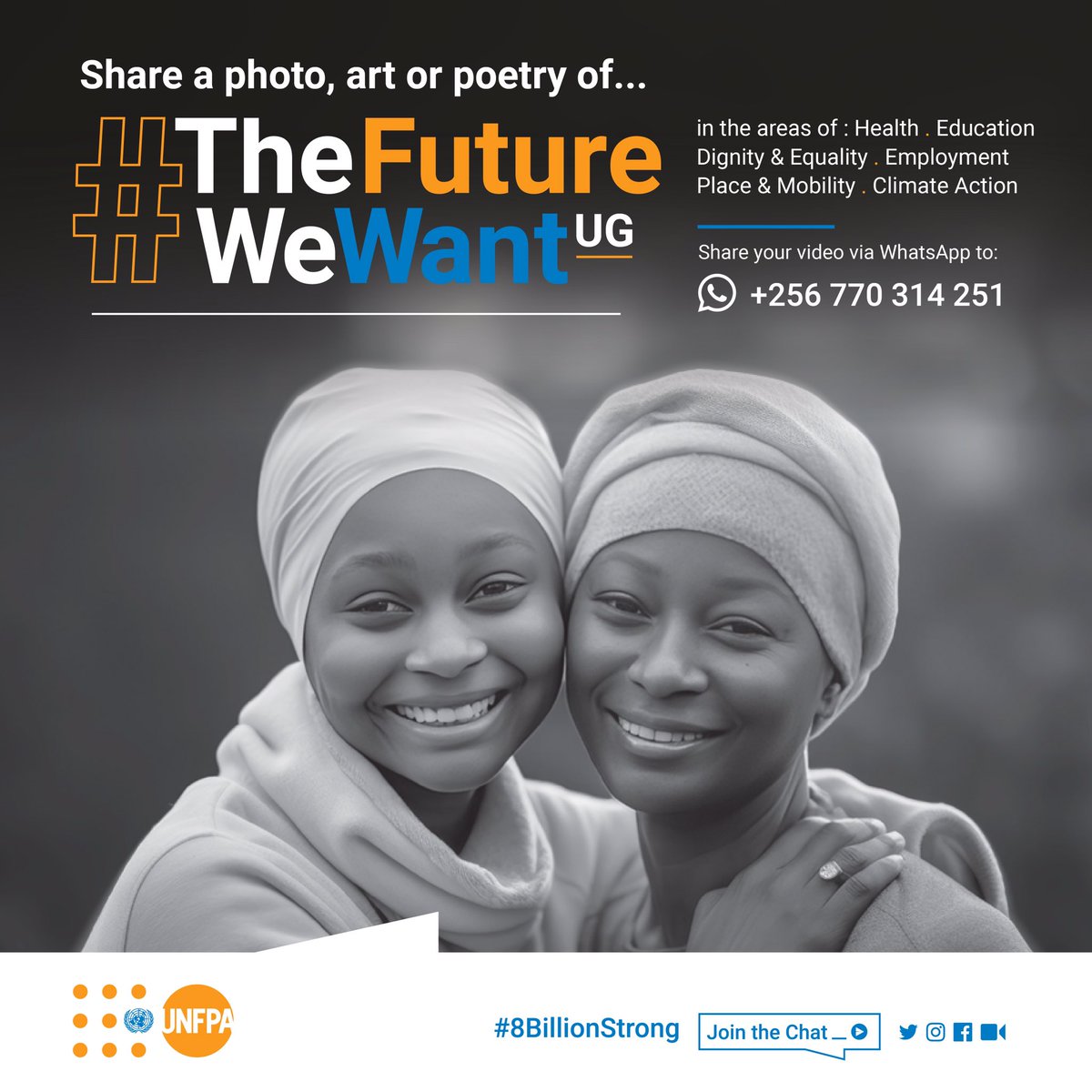 UNFPAUganda's tweet photo. Are you passionate about Photography, Art or Poetry?
If so, join #TheFutureWeWantUG and submit your work in areas of Health, Education, Dignity &Equality, Employment, Climate Action, & Place and mobility.
Share your work via WhatsApp to +256770314251
#TheFutureWantUG https://t.co/IdMLwpSB9G