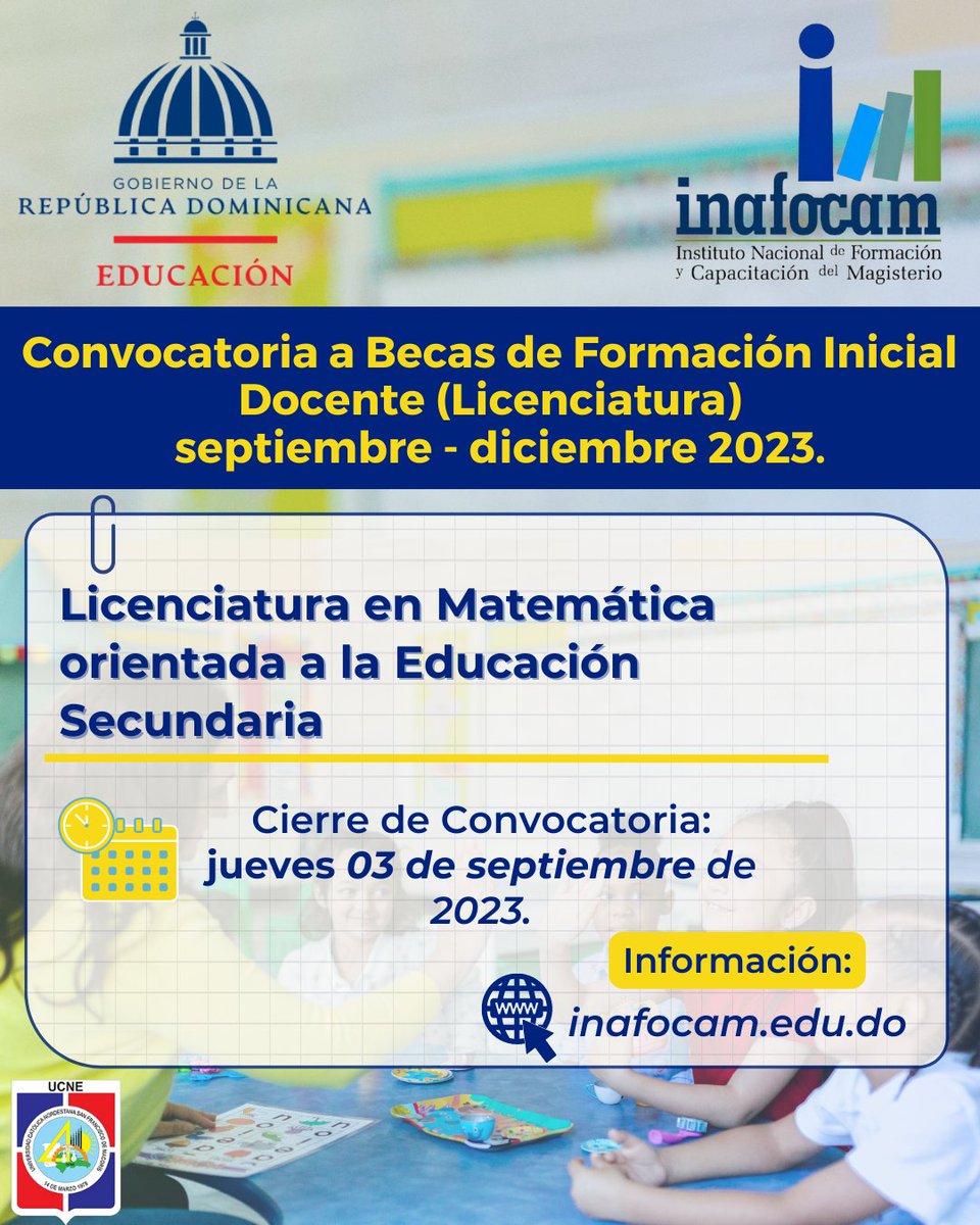 ucneenlinea's tweet photo. Esta beca está dirigida a bachilleres de 16 a 25 años que deseen convertirse en educadores, que estén dispuestos y disponibles para estudiar a tiempo completo y que hayan superado las Pruebas POMA y PAA. https://t.co/HSe39ncwdW
