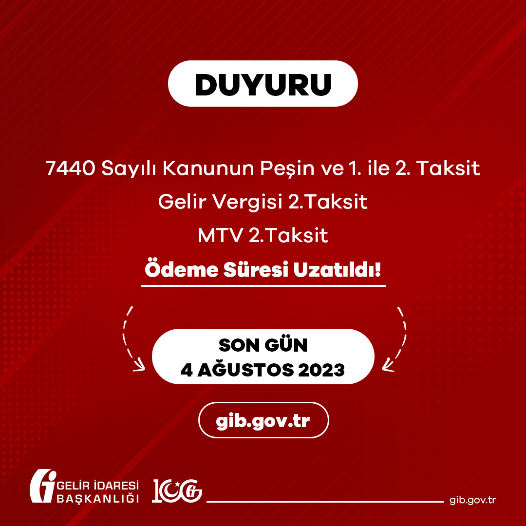 Gelir Vergisi, MTV ve 7440 Sayılı Kanunun Ödeme Süreleri ile Bazı Bildirim, Oluşturma ve Yüklenme Süreleri Uzatıldı.

gib.gov.tr/gelir-vergisi-…

#GİB #VergiGeleceğimizdir