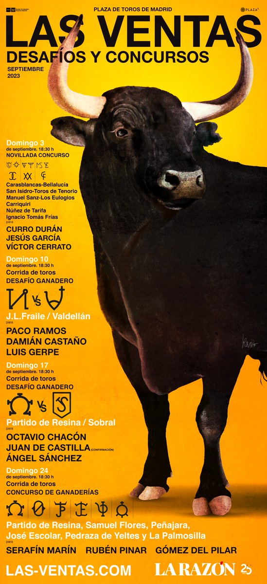 [🎨 𝗘𝗟 𝗖𝗔𝗥𝗧𝗘𝗟] Este es el cartel ilustrador de los festejos que vamos a vivir en el mes de 𝘀𝗲𝗽𝘁𝗶𝗲𝗺𝗯𝗿𝗲 en #LasVentas. 🤘¡El mes del 𝗧𝗢𝗥𝗢 por excelencia en 𝗠𝗔𝗗𝗥𝗜𝗗!

💥 Novillada concurso, dos corridas desafío ganadero y corrida concurso.