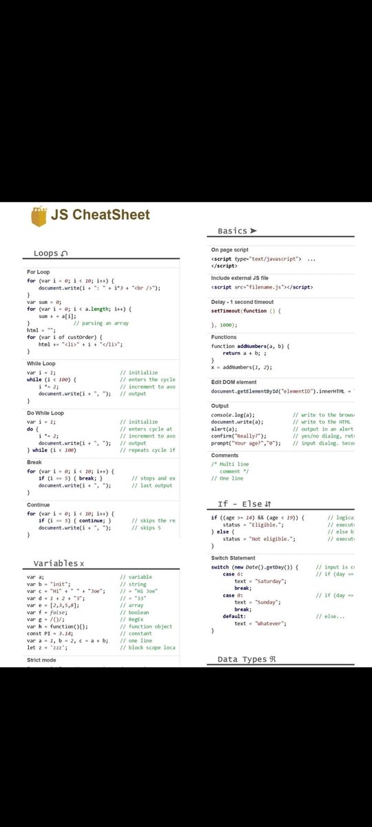 X_Softwaredev_'s tweet image. JavaScript CheatSheet  🔥
Do Like 👍 share and Follow for more programming related content.
JavaScript-4 pages