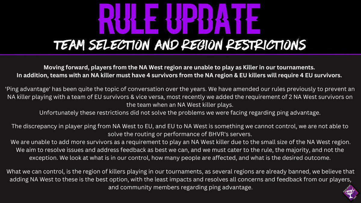 DBDLeague's tweet photo. We adjusted our regional restrictions (Rule 4)
NA-West killers will no longer be allowed to play in our events. Additionally, we have tightened up the restrictions on the survivor squad.

For more information, join our Discord Server: https://t.co/L0Oq6QG3Hy https://t.co/1ljQioc0i5