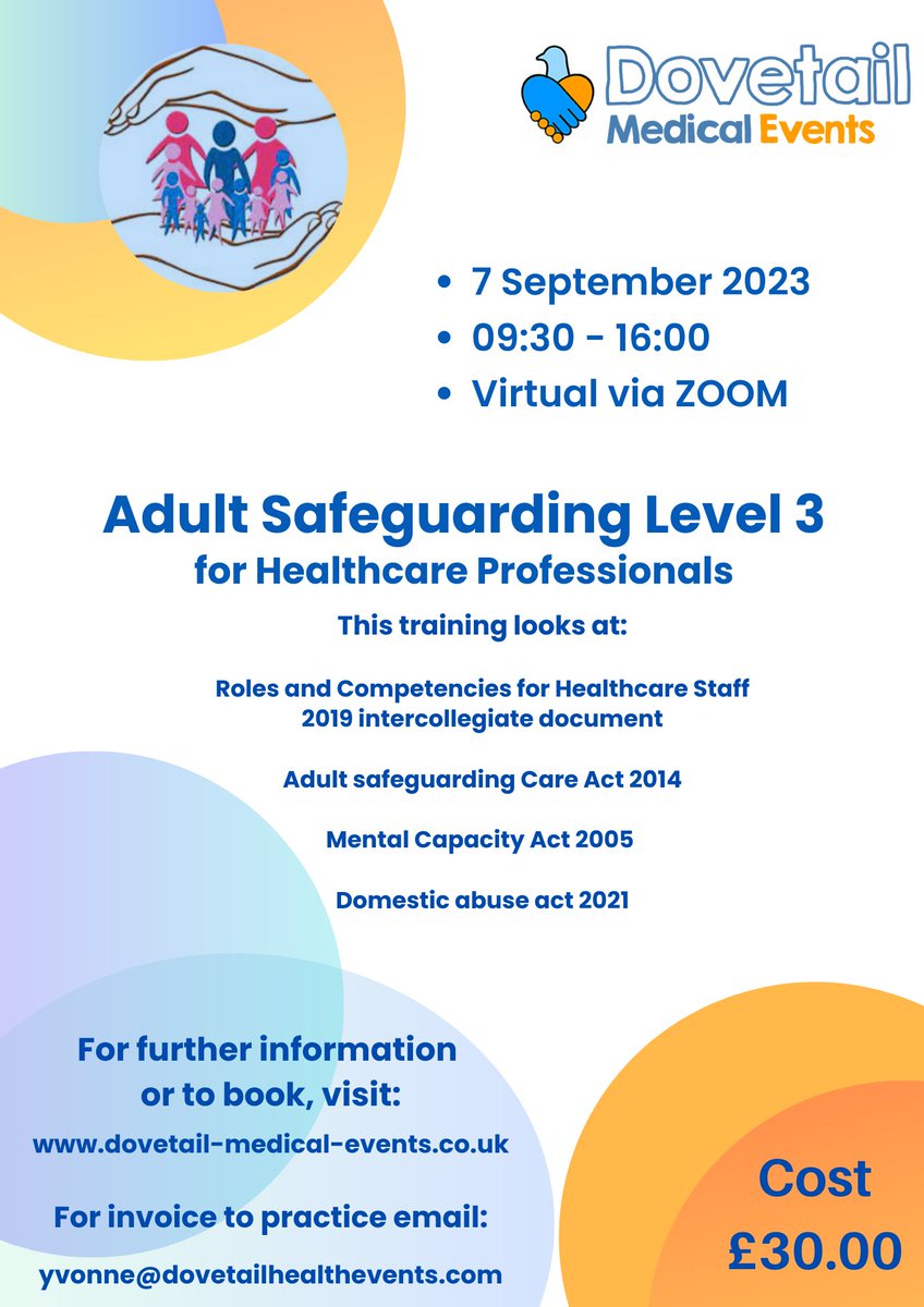 EventsDovetail's tweet photo. Adult Safeguarding L3 for Healthcare Professionals in UK.  Places Limited!
#safeguarding #gps #nurses #physiotherapy #primarycare #secondarycare #cpd #webinar #traininghubs #birmingham #staffordshire #lancashire https://t.co/AfjJWE4rHz