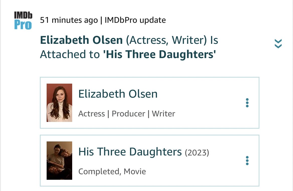 ECOlsenUpdates's tweet photo. Elizabeth Olsen has seemingly been given credits as a writer and producer on the upcoming project 'His Three Daughters' where she is starring alongside Natasha Lyonne and Carrie Coon 

( 📸 @virgopsyche) https://t.co/mfU8mhqZv3