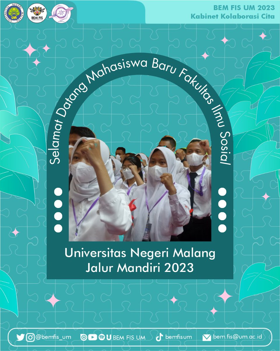 BEMFIS_UM's tweet photo. [SELAMAT DATANG MAHASISWA BARU FIS UM JALUR MANDIRI 2023]
Halo, Kami ucapkan selamat datang kepada maba Jalur Mandiri 2023.
Selamat berproses dan berkontribusi di Universitas Negeri Malang. Selamat menjadi bagian dari keluarga besar Fakultas Ilmu Sosial Universitas Negeri Malang. https://t.co/dvxi2jXa6t