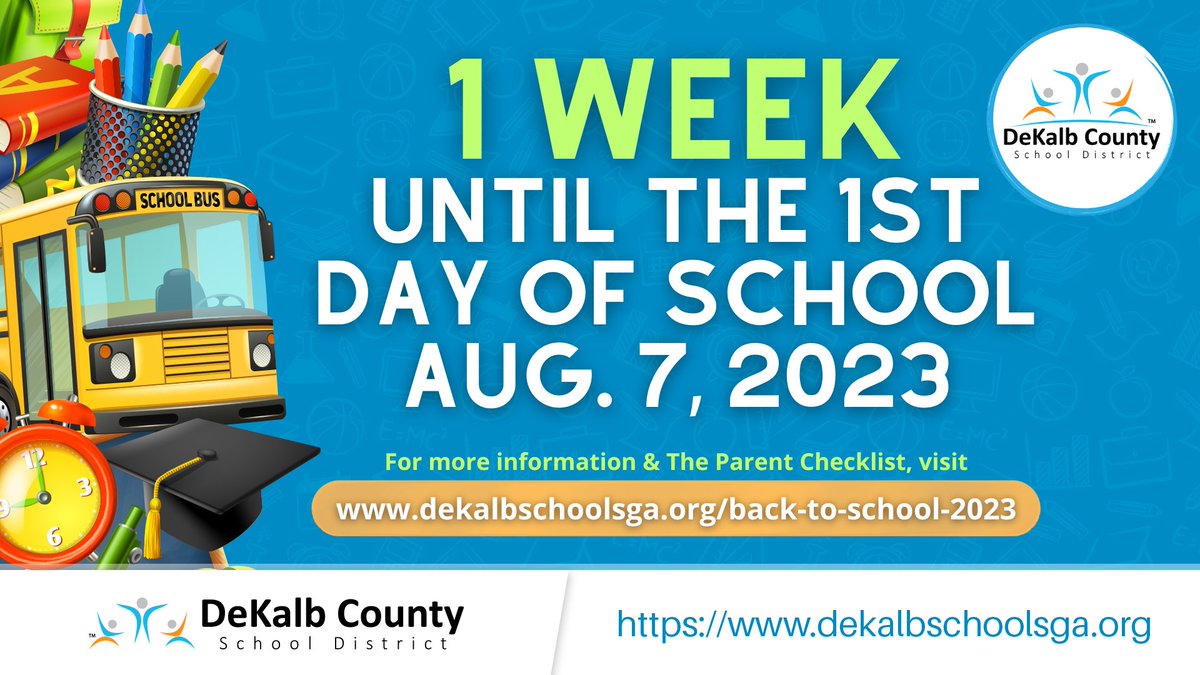 DeKalbSchools's tweet photo. 🎉 Just 1 week to go! Are you as excited as we are for the first day of the 2023-2024 school year? Mark those calendars because school kicks off on Monday, August 7, 2023! 🏫
For our Parent Checklist, visit: https://t.co/Eisyt5Tdb1.
#iLoveDCSD💙🧡 #LevelUpDCSD⬆️ https://t.co/NwFxFwIcM1