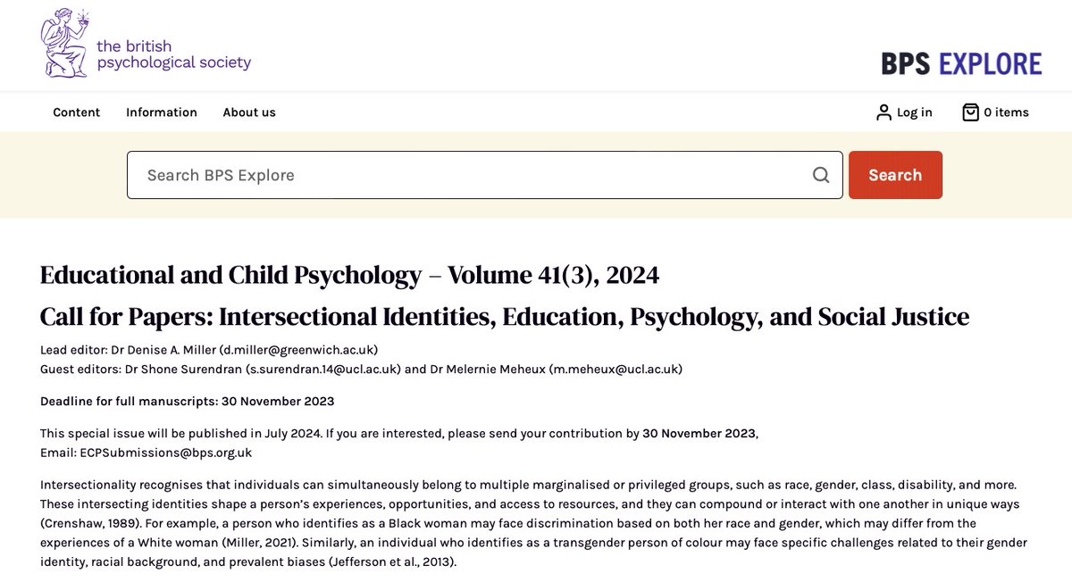 Call for Papers: Intersectional Identities, Education, Psychology, and Social Justice - Submission Deadline 30th November 2023

Look forward to working with Dr Denise Miller and Dr Melernie Meheux on this rich, deep and timely special issue.

explore.bps.org.uk/news/call-pape…